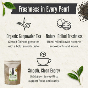 Numi Gunpowder loose-leaf close-up shows tightly rolled leaves and rich aroma.