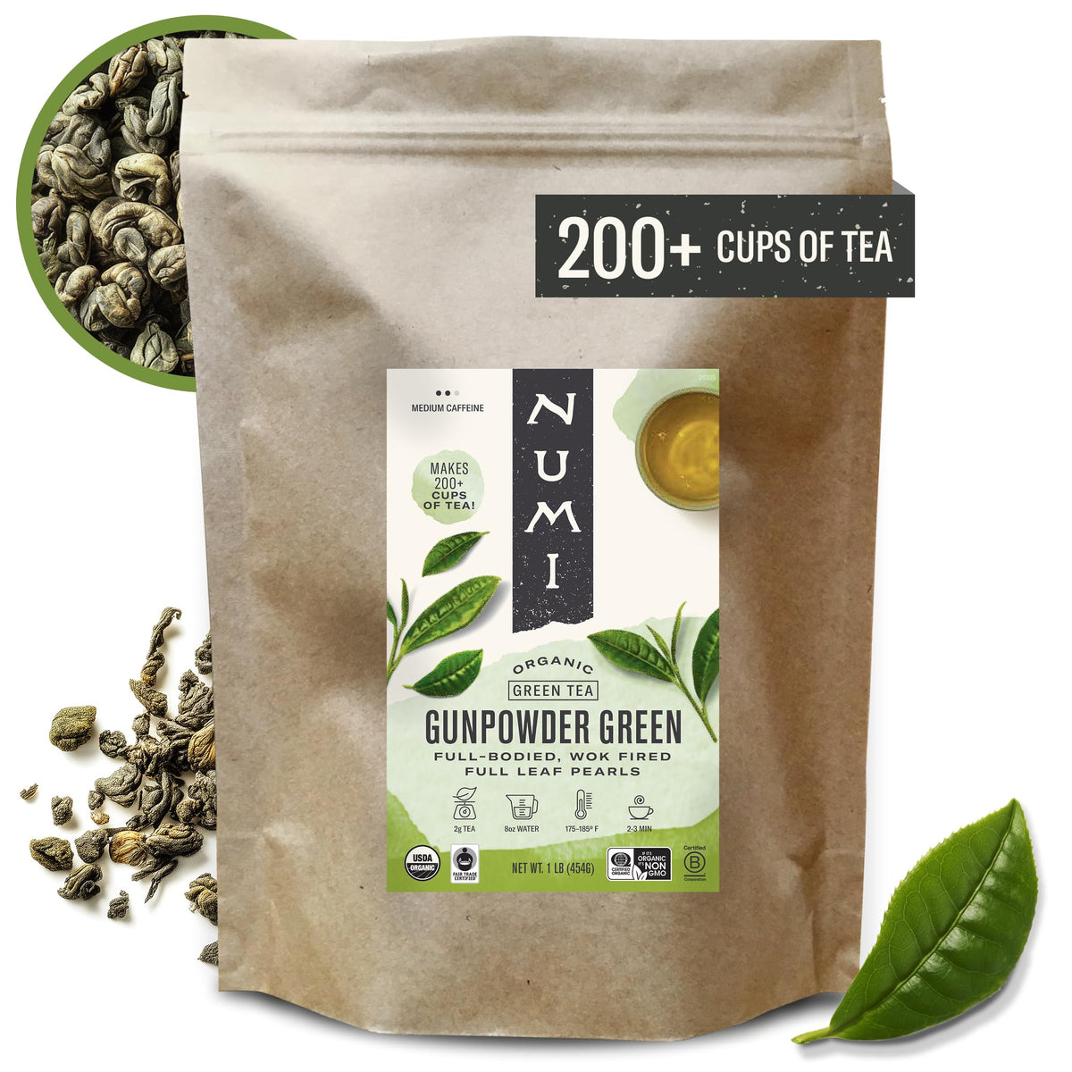 Numi Gunpowder loose-leaf tea cup brew highlights bold, smooth flavor.