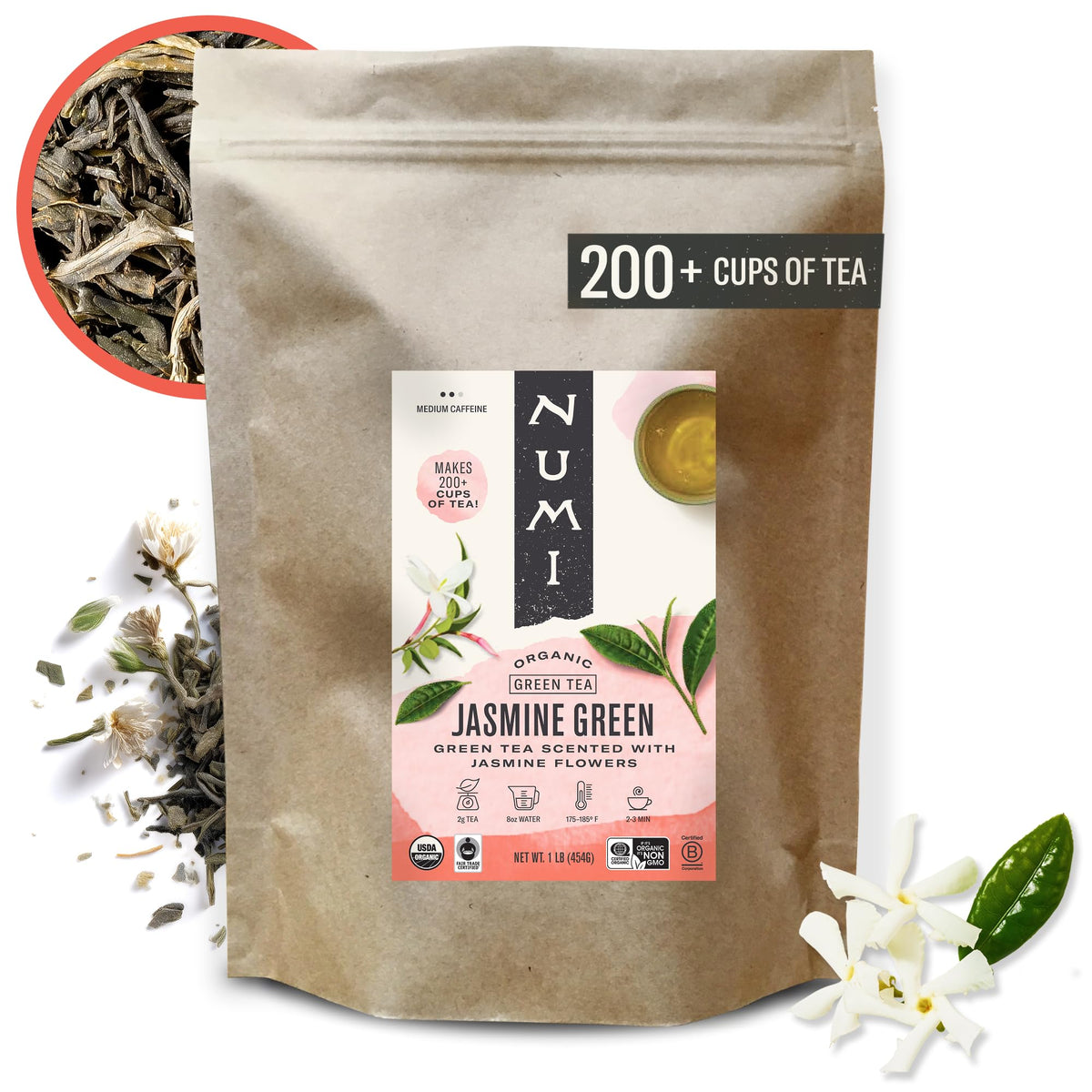 Numi Jasmine Green Tea packaging in a 16-ounce pouch.