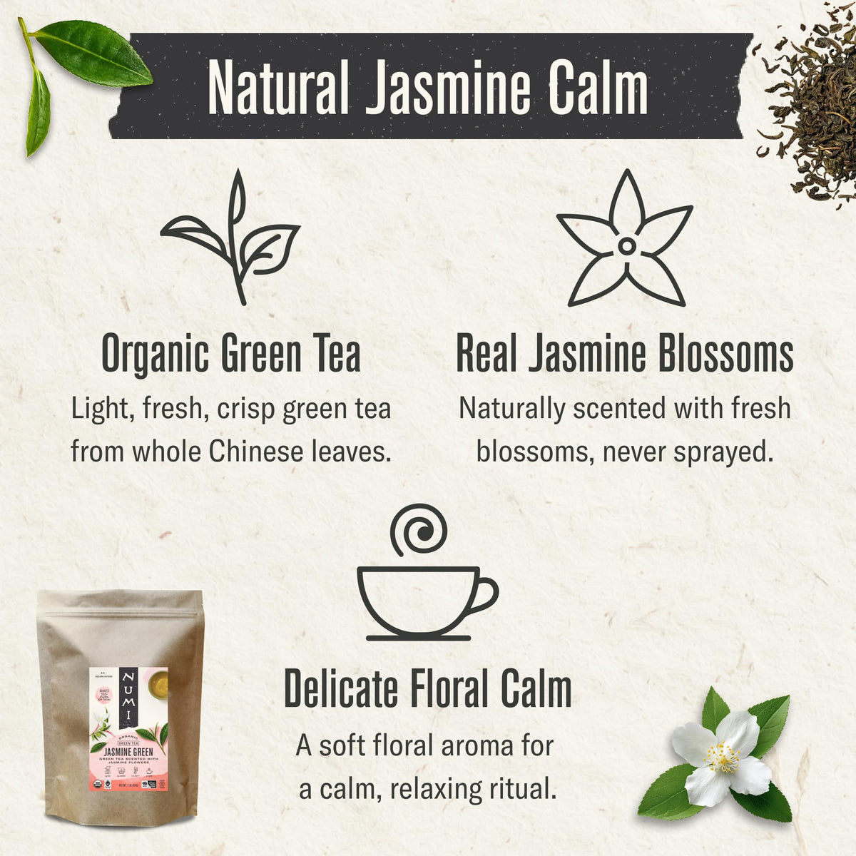 Numi Jasmine Green Tea steeping to release a floral aroma.
