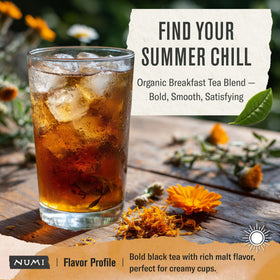 Numi loose-leaf tea leaves unfurling during steeping for a richer infusion.