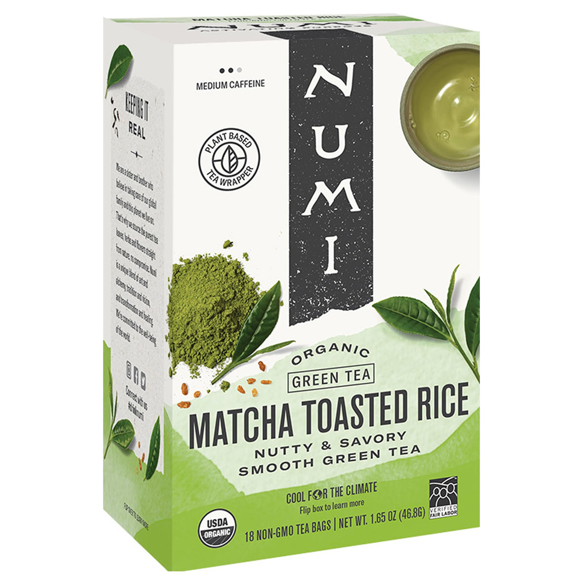 Numi Matcha Toasted Rice Green Tea bags offer smooth flavor and calm energy.
