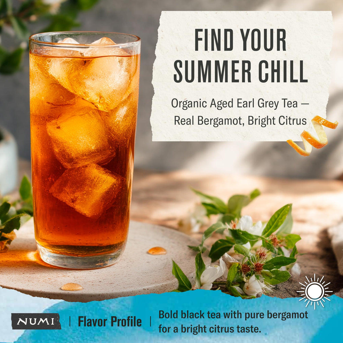 Numi organic black tea with bergamot aroma highlighting citrus notes.