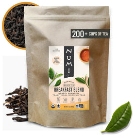 Numi Organic Breakfast Blend pouch preserves freshness for daily brewing.