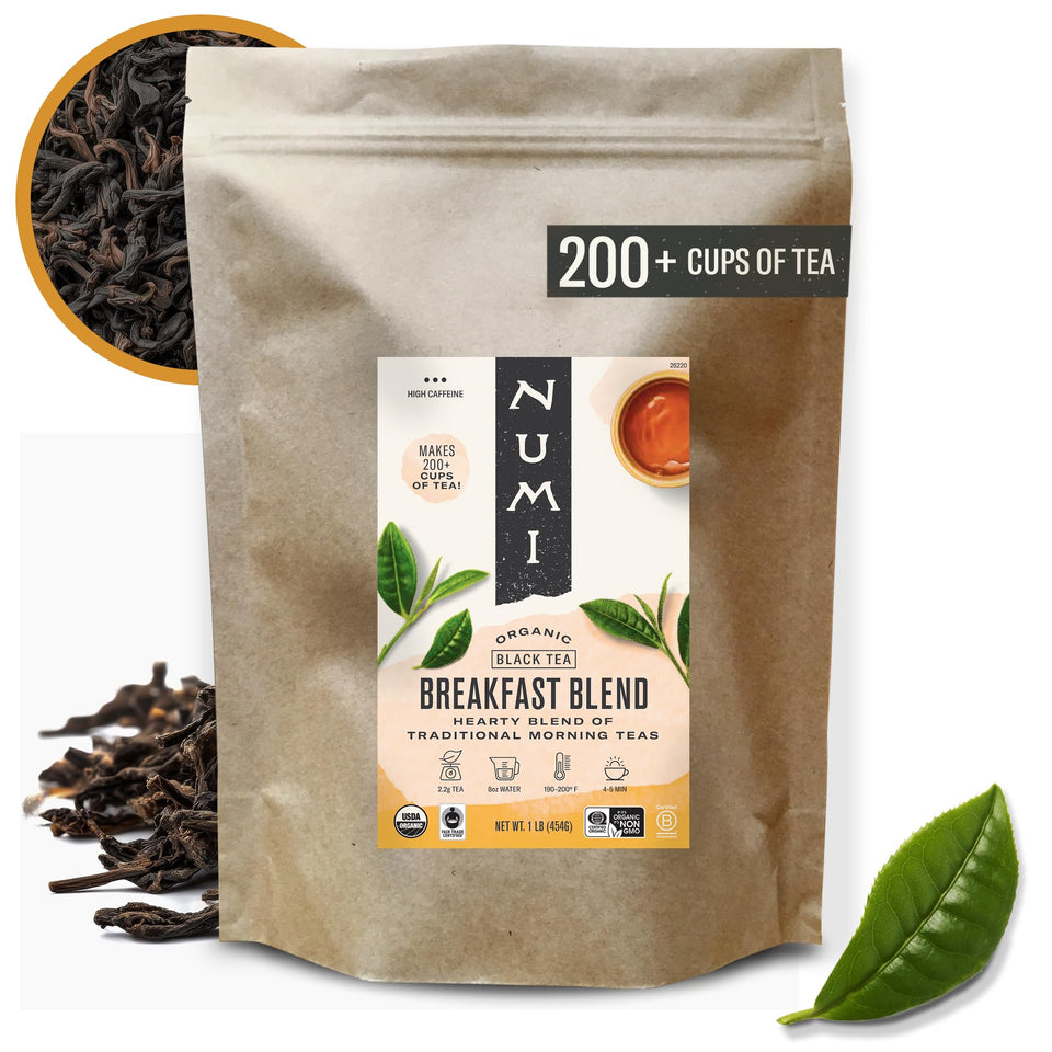 Numi Organic Breakfast Blend pouch preserves freshness for daily brewing.