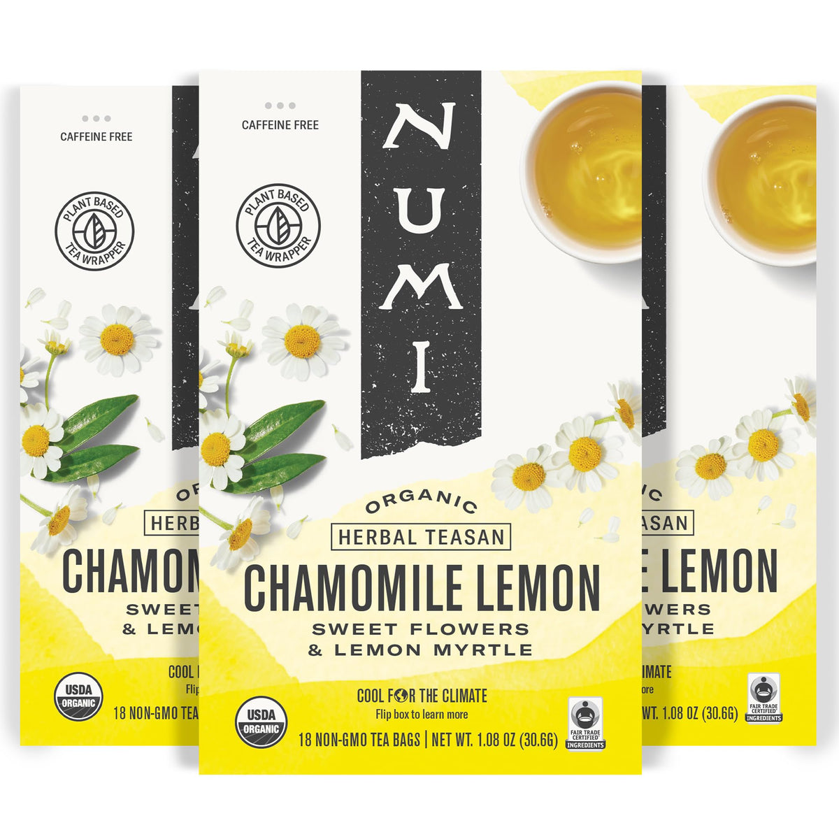 Numi Organic Chamomile Lemon Tea bags ready for a calming, caffeine-free ritual.