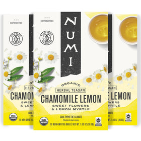 Numi Organic Chamomile Lemon Tea bags ready for a calming, caffeine-free ritual.