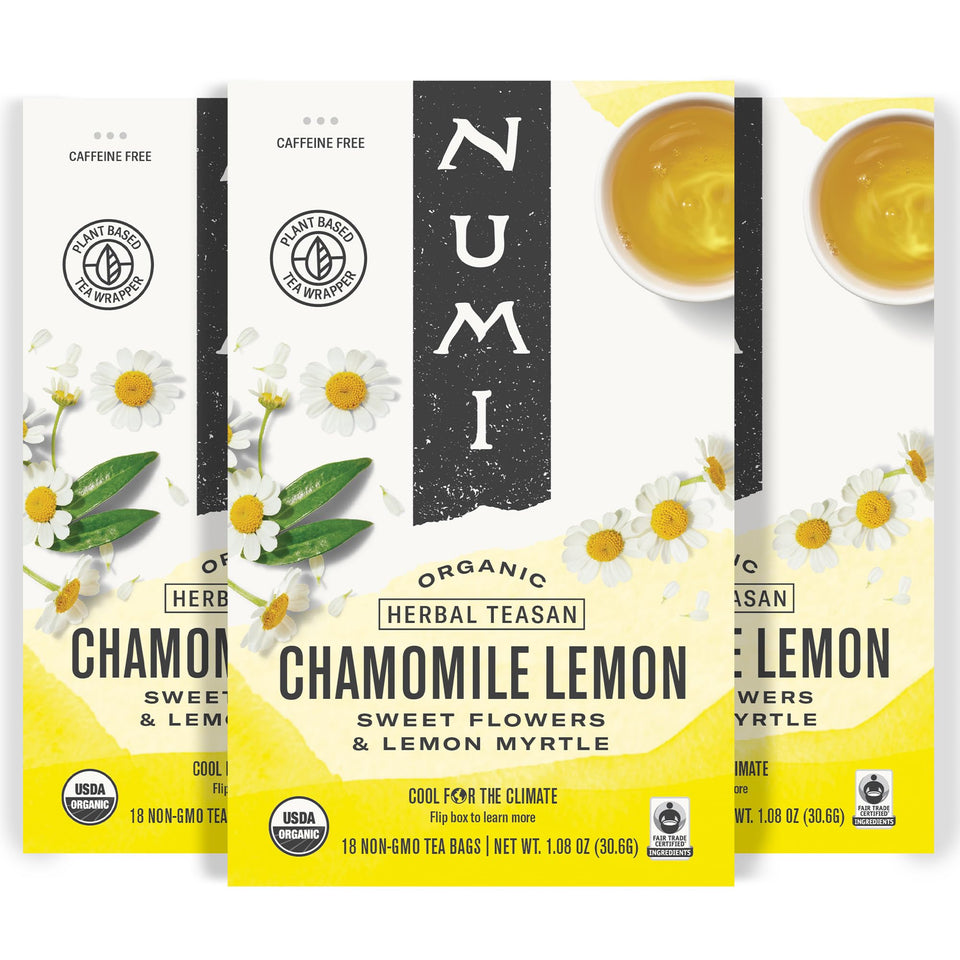 Numi Organic Chamomile Lemon Tea bags ready for a calming, caffeine-free ritual.