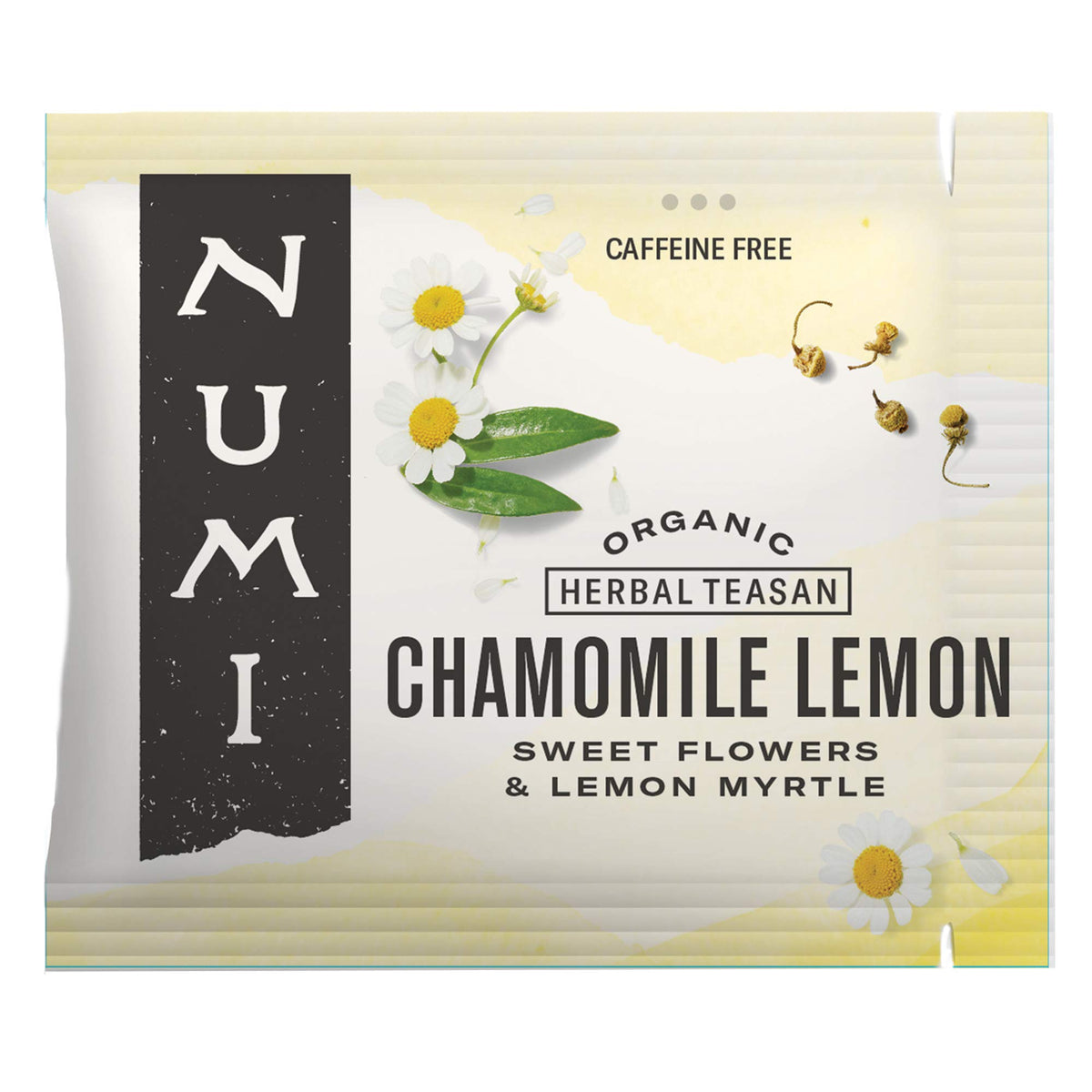 Numi Organic Chamomile Lemon Tea packaging highlights sustainable materials for eco-conscious sipping.