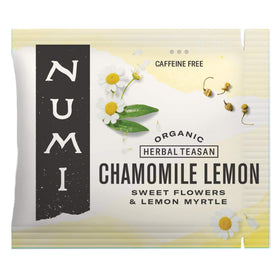 Numi Organic Chamomile Lemon Tea packaging highlights sustainable materials for eco-conscious sipping.