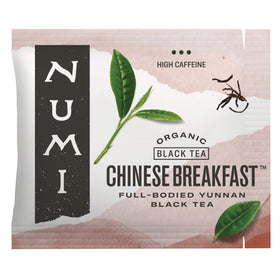 Numi Organic Chinese Breakfast Tea pack shot highlighting full-leaf blend for a crisp morning