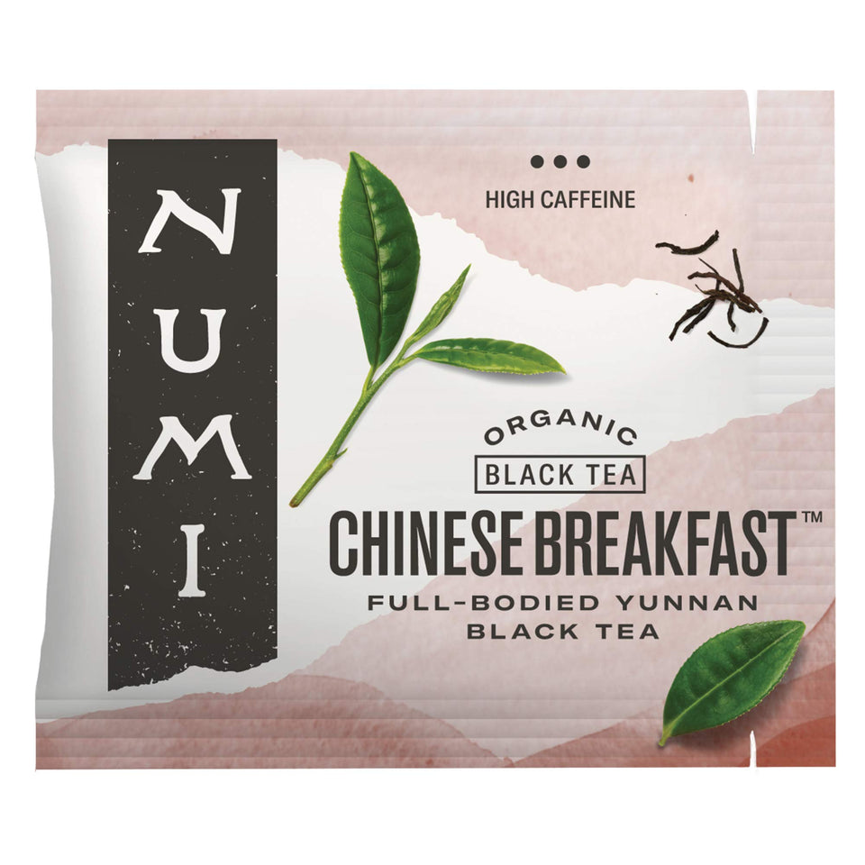 Numi Organic Chinese Breakfast Tea pack shot highlighting full-leaf blend for a crisp morning