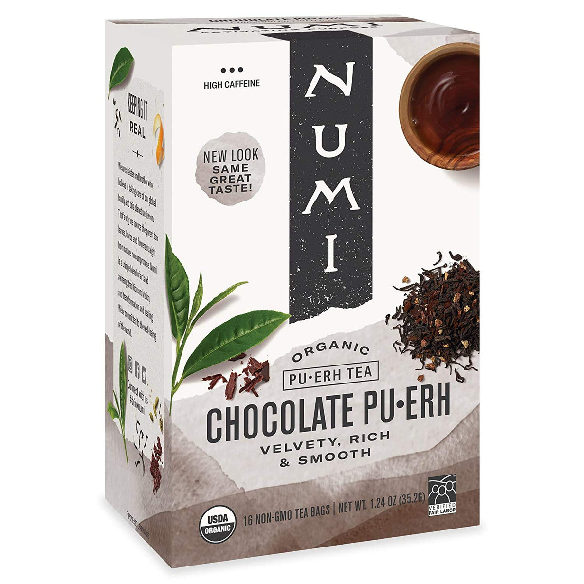 Numi Organic Chocolate Pu-erh tea bags showcase rich aroma for a relaxing afternoon.