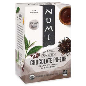 Numi Organic Chocolate Pu-erh tea bags showcase rich aroma for a relaxing afternoon.