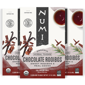 Numi Organic Chocolate Rooibos tea bags packaging showing eco-friendly carton