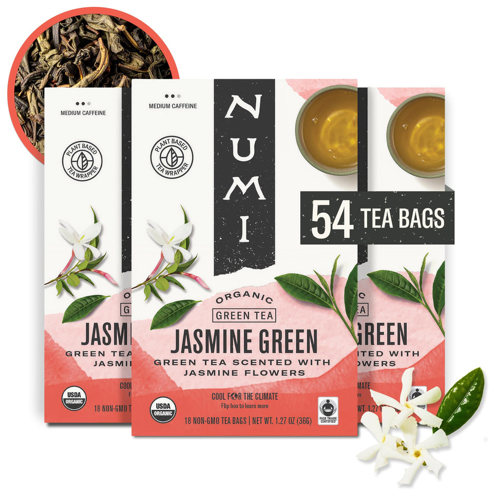 Numi organic green tea with jasmine bag close-up showing real jasmine aroma for calm rituals.