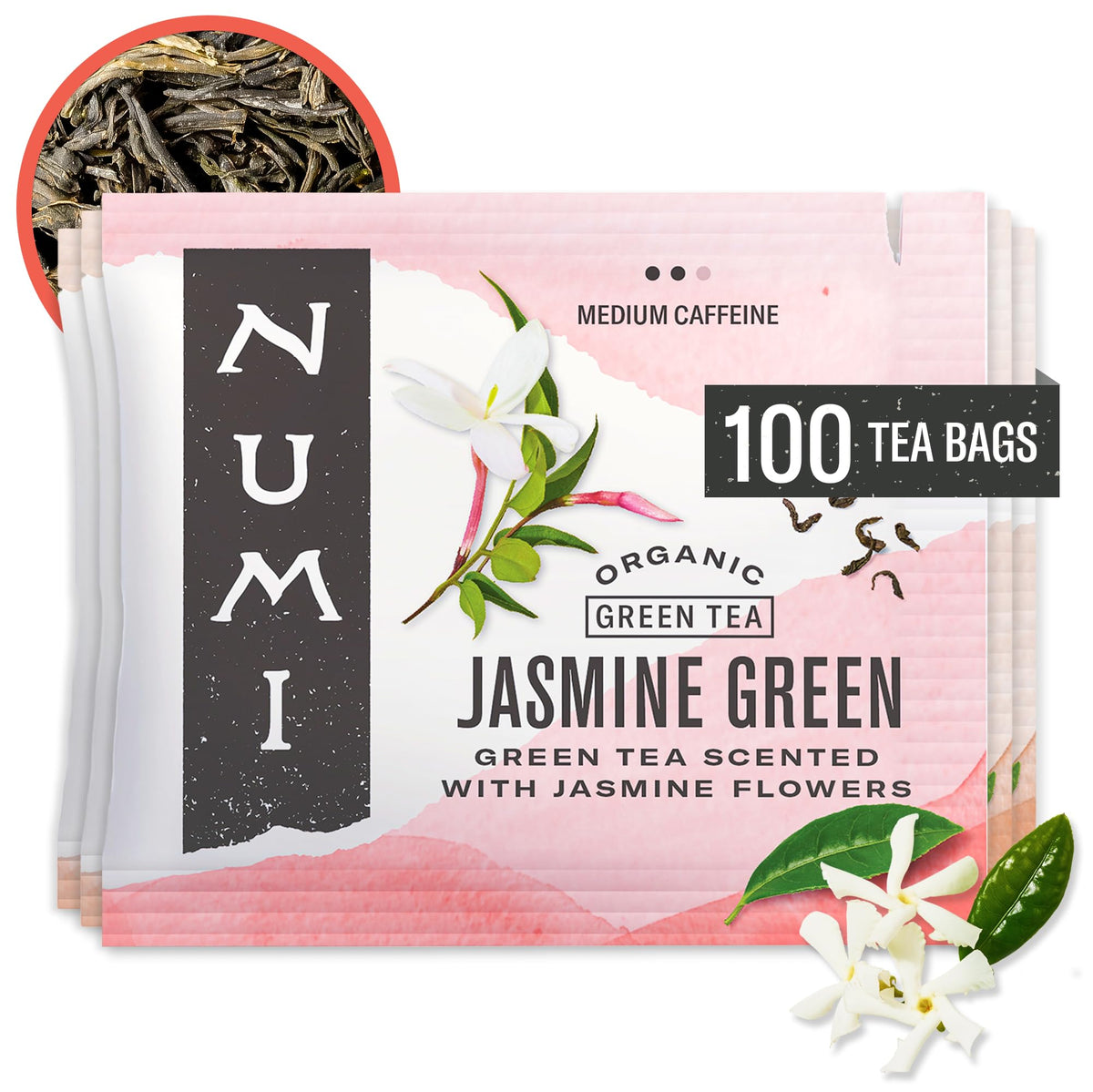 Numi organic green tea with jasmine tea bags in a box, convenient service.