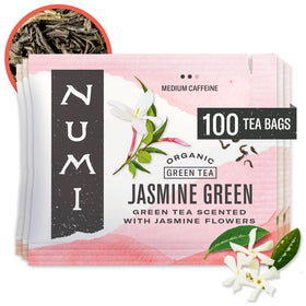 Numi organic green tea with jasmine tea bags in a box, convenient service.