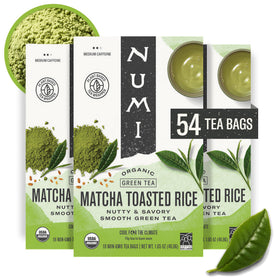 Numi Organic Matcha Toasted Rice Tea bags show nutty Genmaicha flavors for a balanced afternoon cup