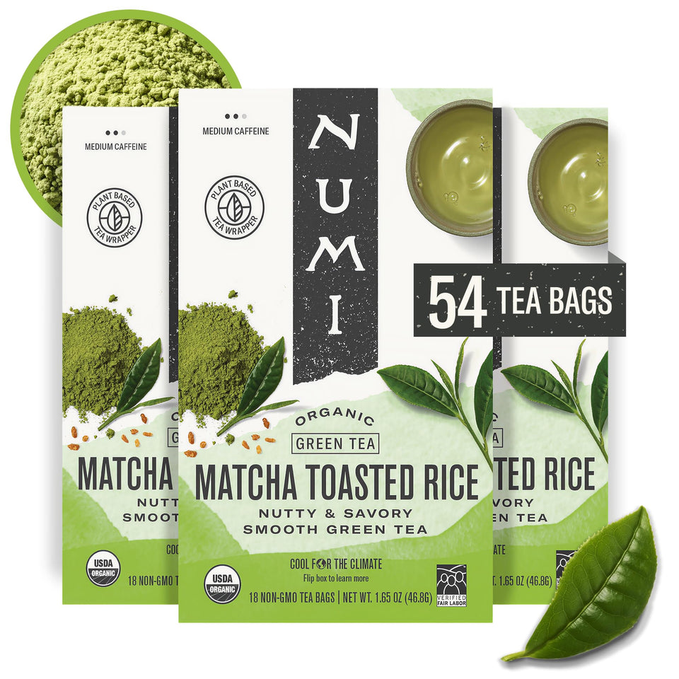 Numi Organic Matcha Toasted Rice Tea bags show nutty Genmaicha flavors for a balanced afternoon cup