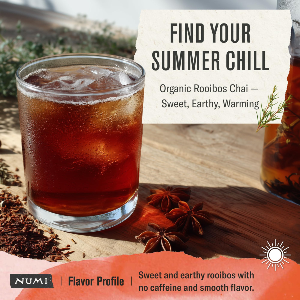 Numi Organic Rooibos Chai Spice Blend highlighting cinnamon, nutmeg, and cardamom.