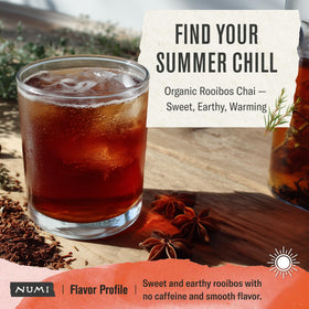 Numi Organic Rooibos Chai Spice Blend highlighting cinnamon, nutmeg, and cardamom.