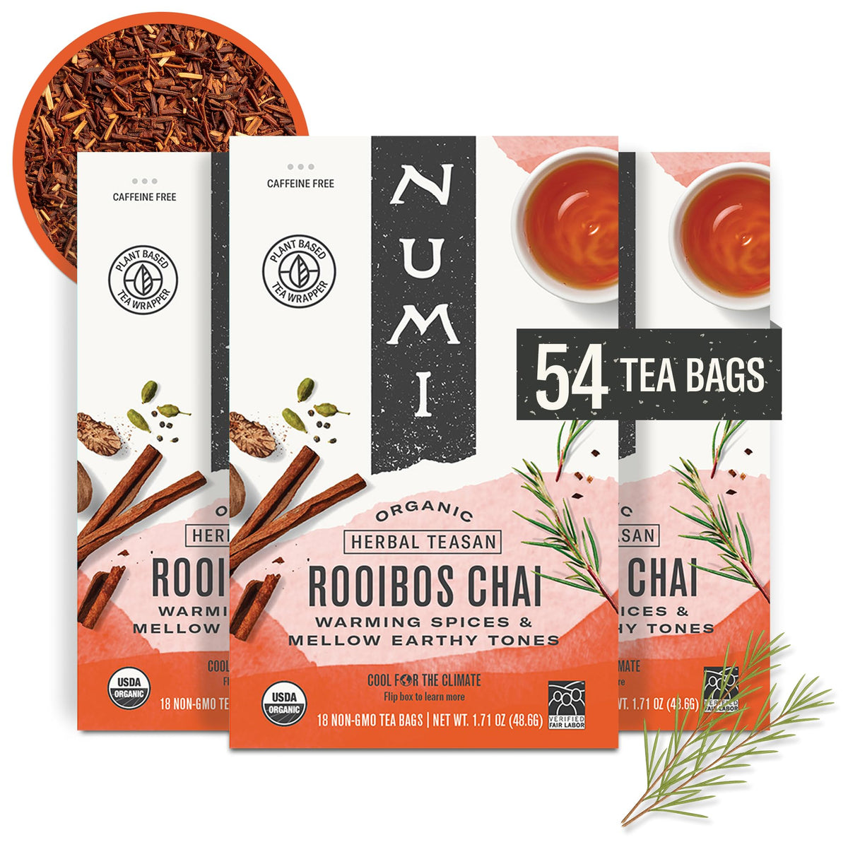 Numi Organic Rooibos Chai tea bags pack-3, caffeine-free evenings