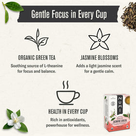 Numi organic tea packaging highlighting compostable bags and eco-friendly design.