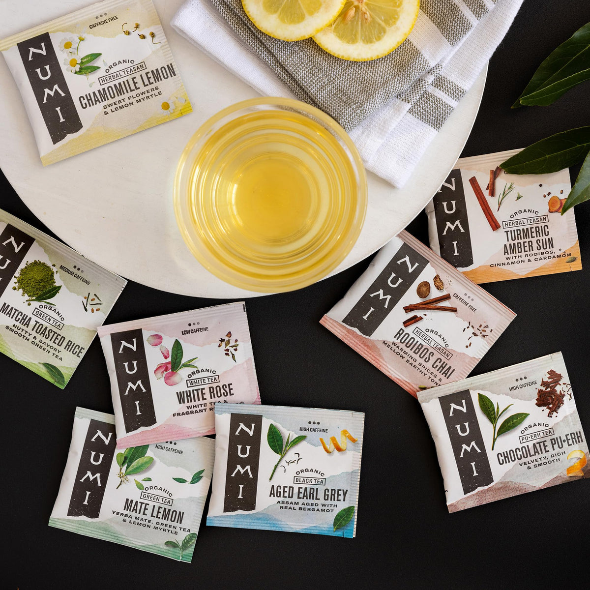Numi recyclable carton packaging supporting sustainable tea choices.