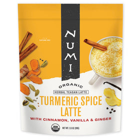 Numi Organic Turmeric Latte Powder bottle ready to mix for a cozy latte.