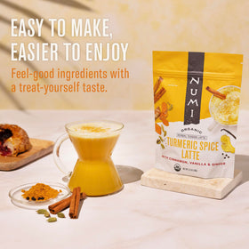 Numi Organic Turmeric Latte Powder packaging highlighting organic sourcing.