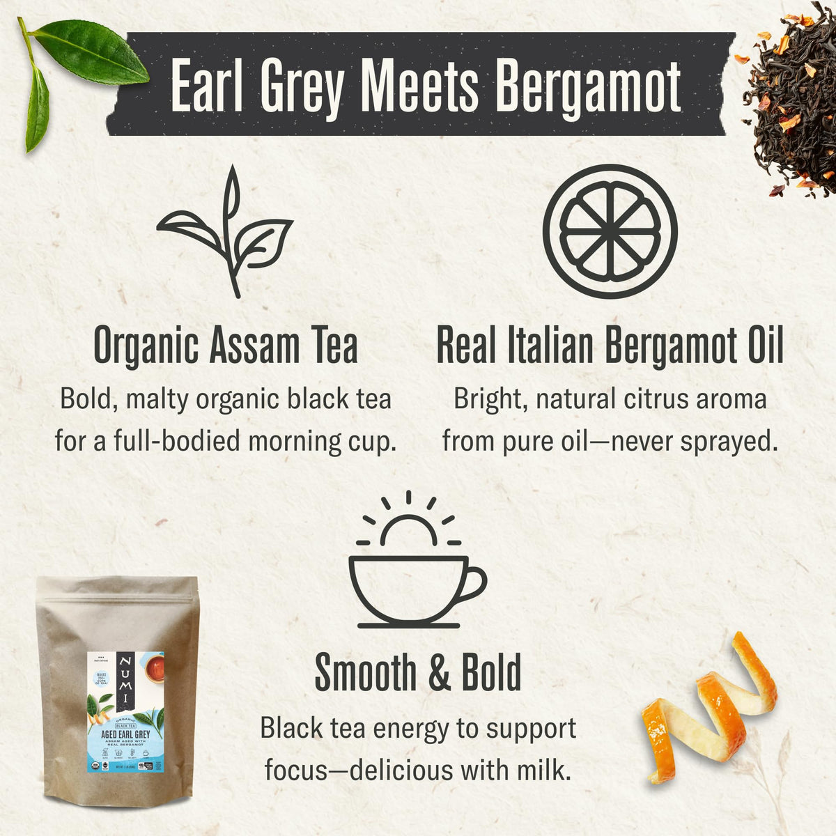 Numi resealable pouch preserving freshness between brews.