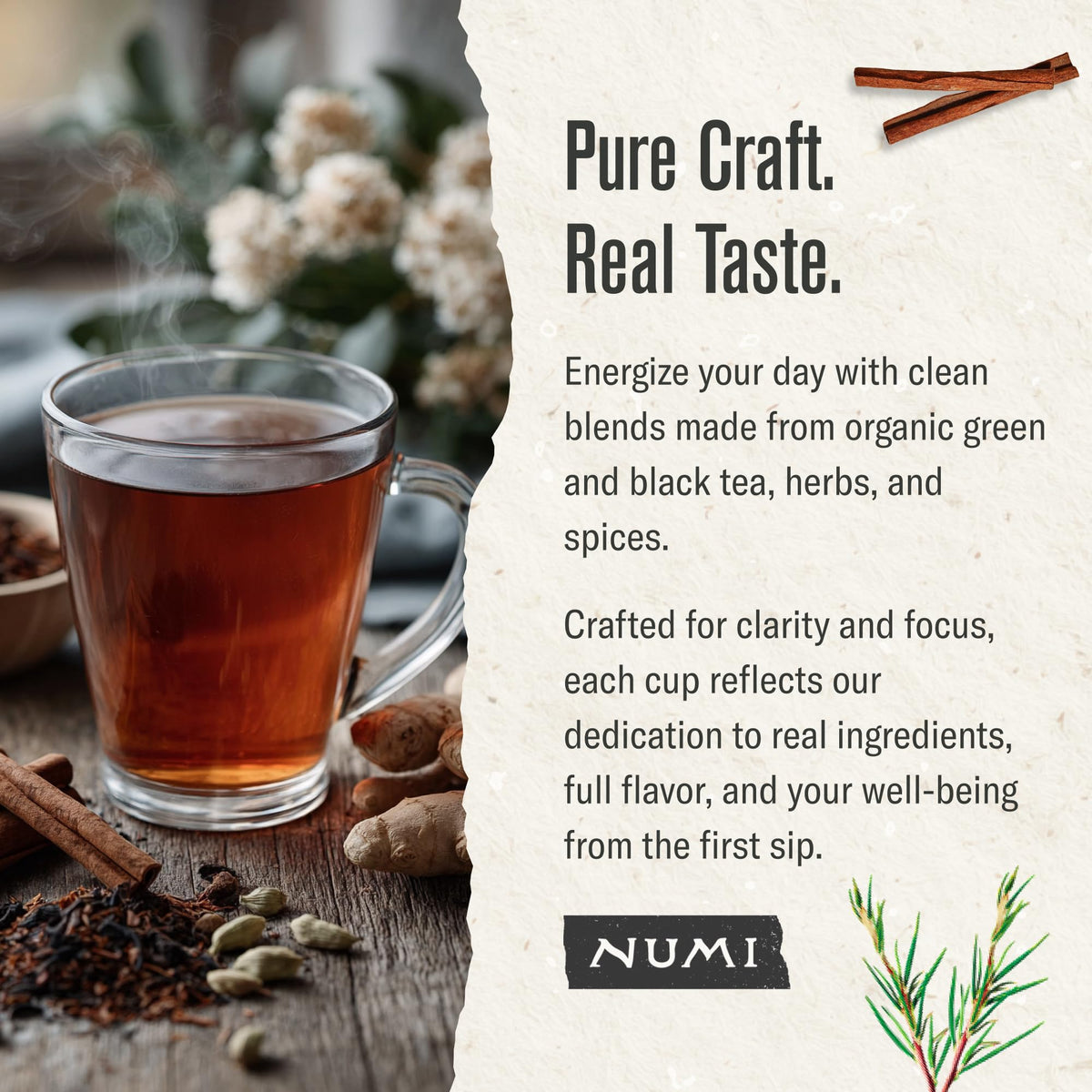 Numi Rooibos Chai label packaging highlighting organic ingredients