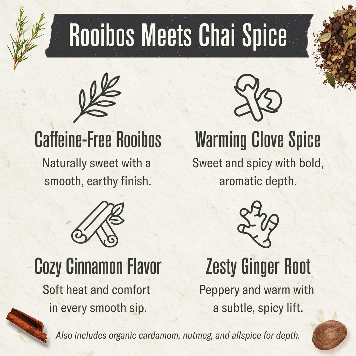 Numi Rooibos Chai with cinnamon and ginger spices, cozy aroma.