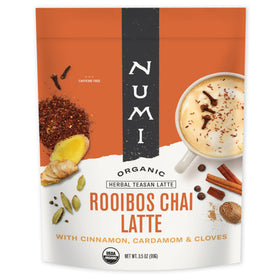 Numi Rooibos Chai Latte Powder packaging highlighting organic blend for cozy mornings