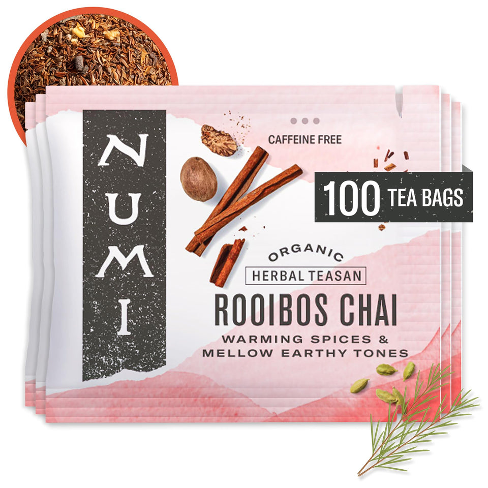 Numi Rooibos Chai tea bags in a box, caffeine-free relaxation option.