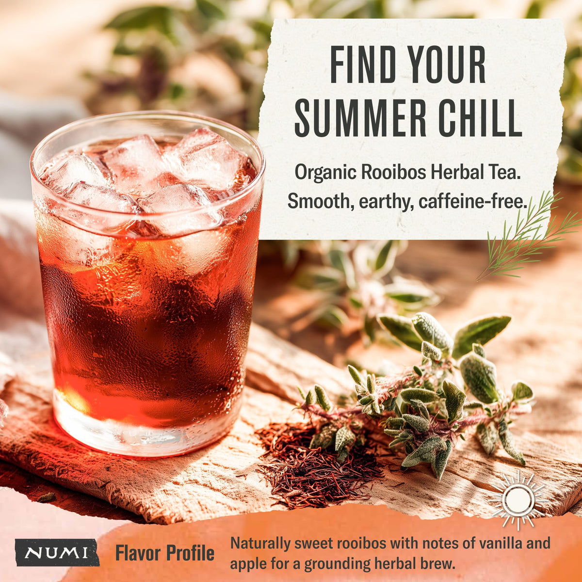 Numi Rooibos tea bag closeup reveals smooth, caffeine-free vanilla notes