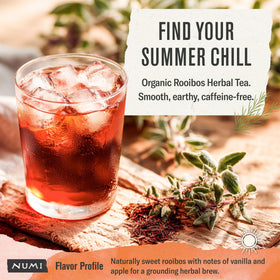 Numi Rooibos tea bag closeup reveals smooth, caffeine-free vanilla notes