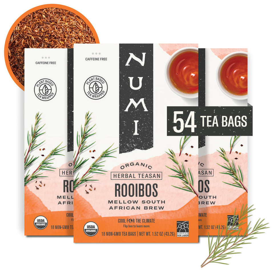 Numi Rooibos tea bags packaging highlights freshness for daily rituals