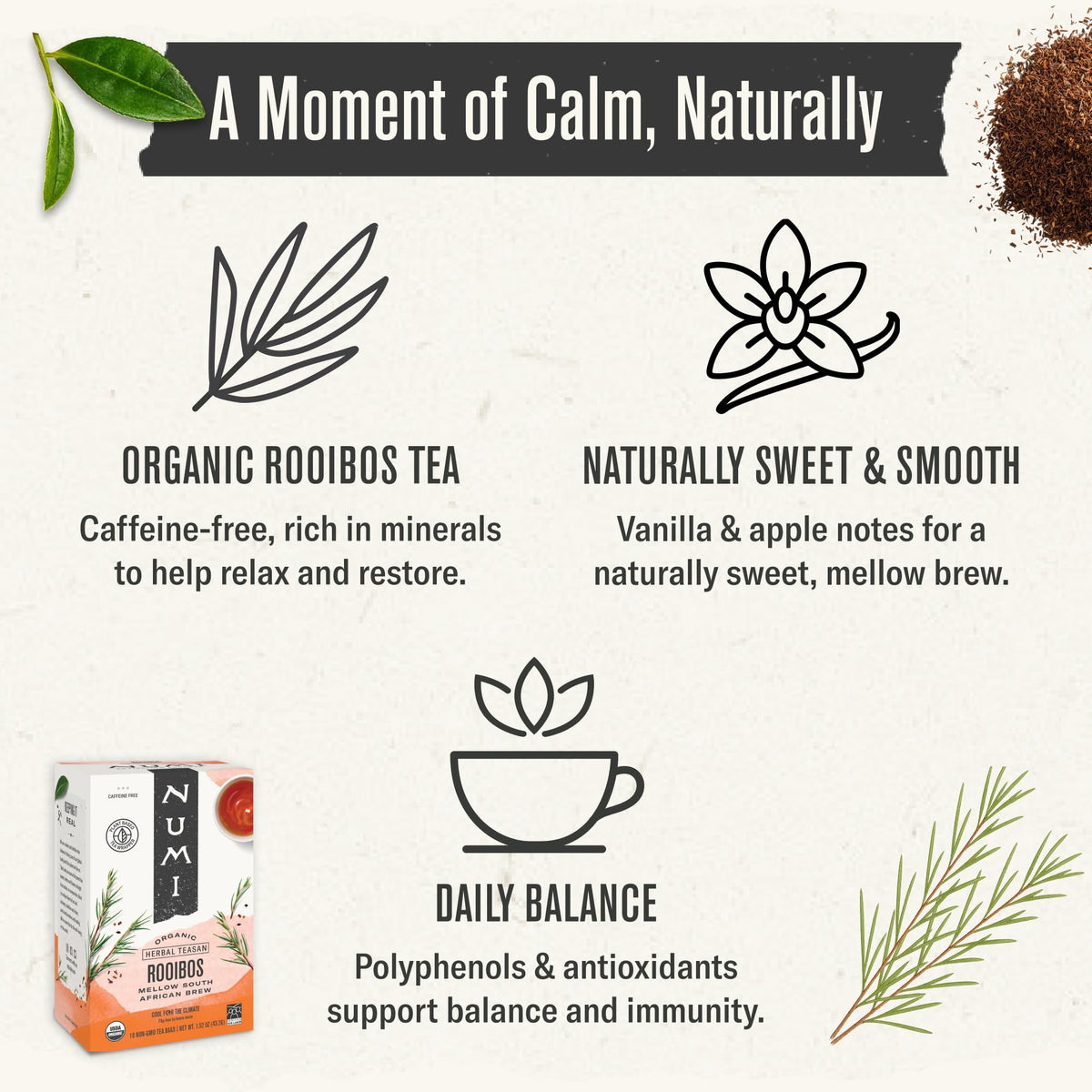 Numi Rooibos farm origin emphasizes organic sourcing and fair-trade partnerships