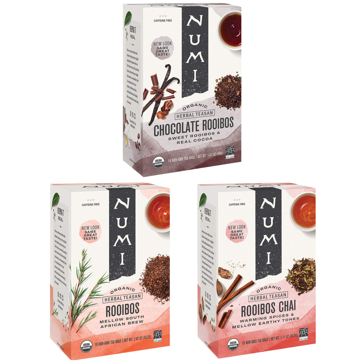 Numi Rooibos Variety Pack box-front showing three flavors for a cozy evening