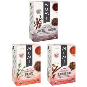 Numi Rooibos Variety Pack box-front showing three flavors for a cozy evening
