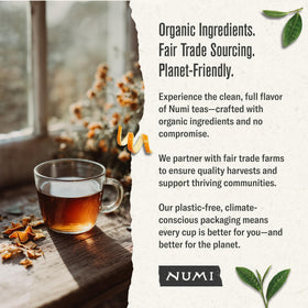 Numi sustainable packaging emphasizes plant-based materials for eco-friendly tea rituals.