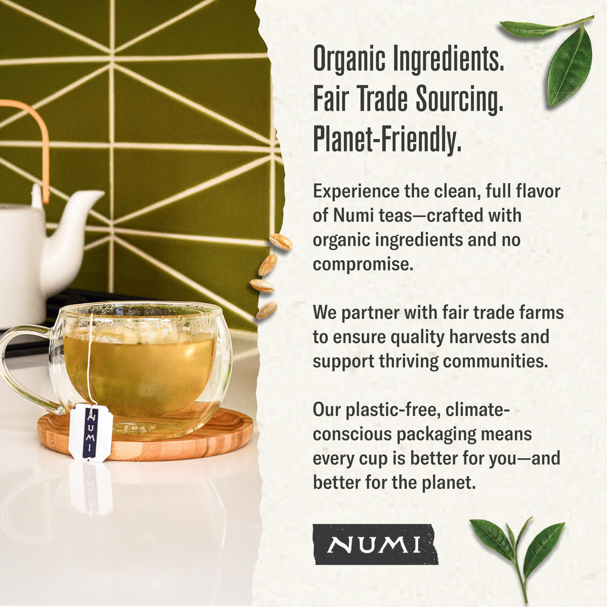 Numi sustainable packaging emphasizing compostable bags.