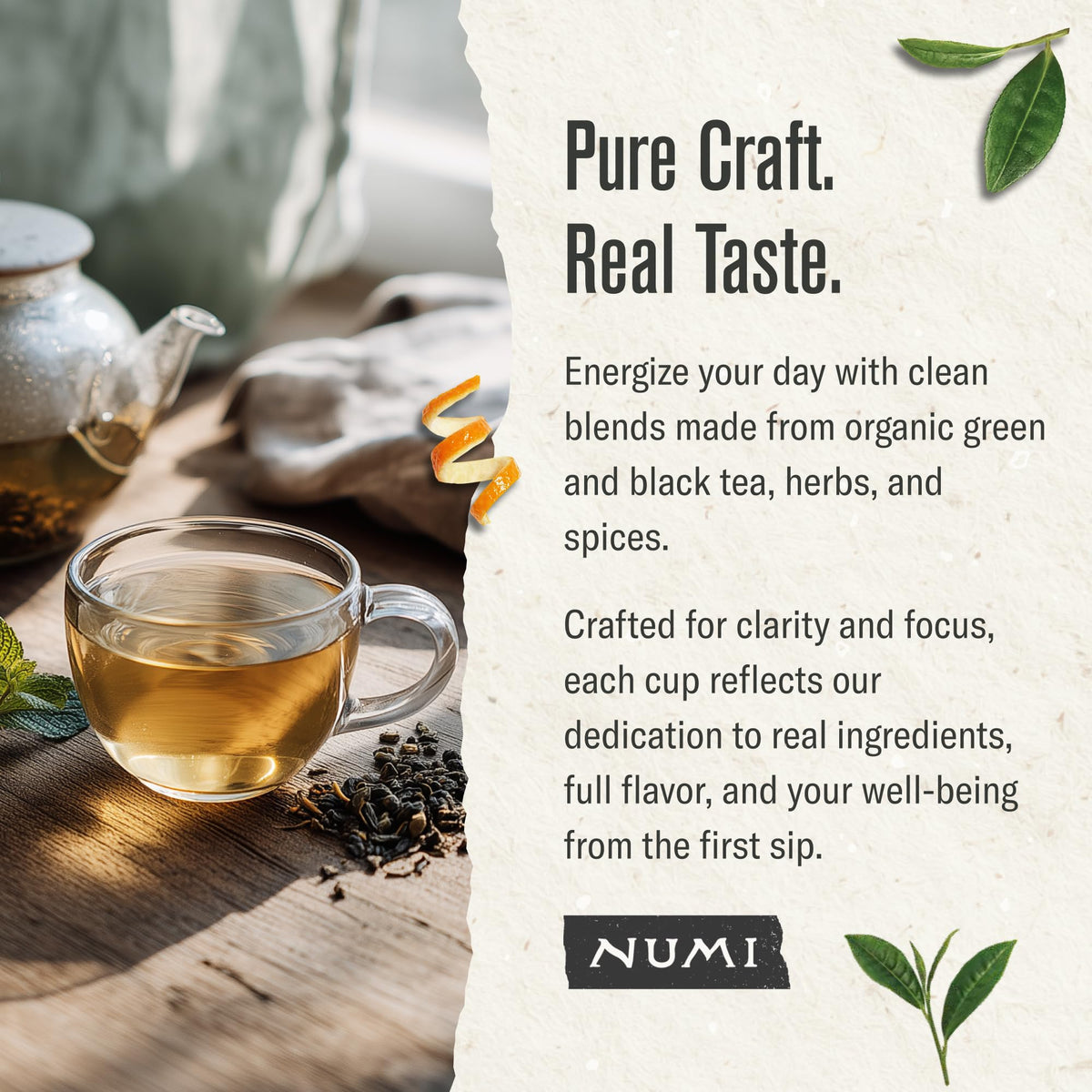 Numi tea leaves in a wooden scoop suggest mindful traditional brewing.