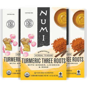 Numi Three Roots Turmeric Tea bags pack showing warm herbal blend for a comforting cup