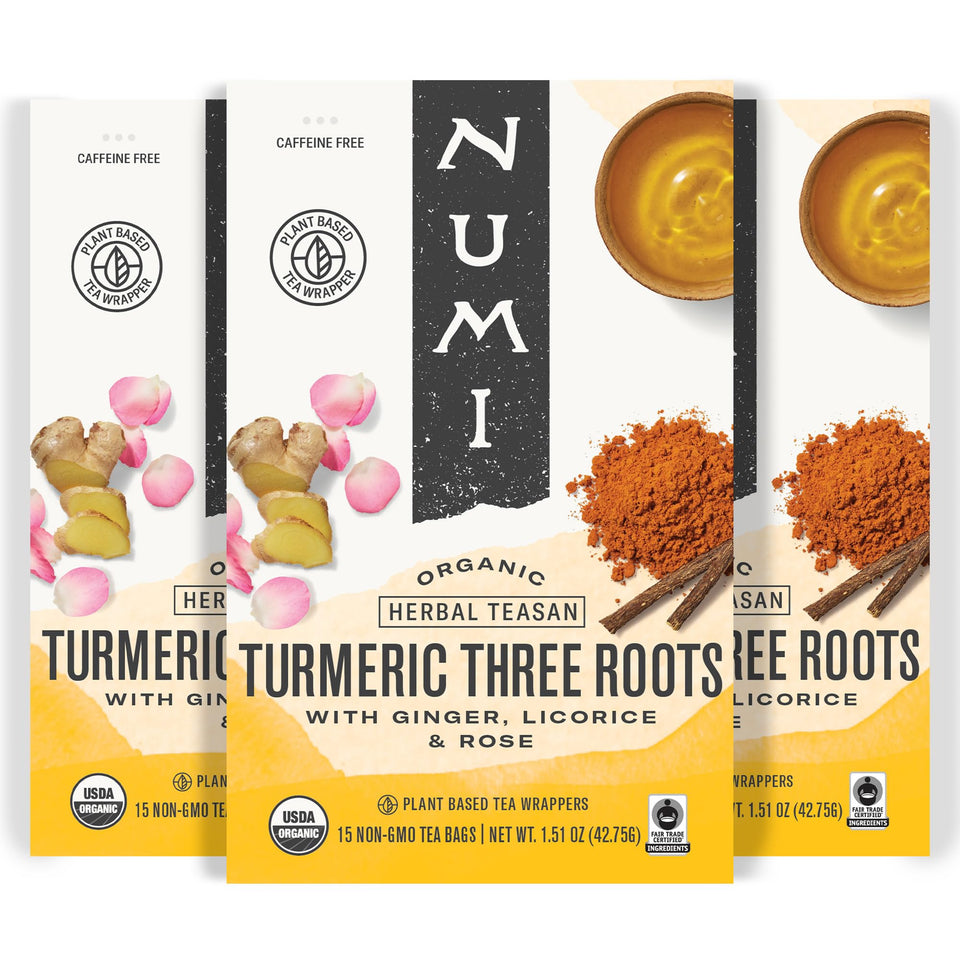 Numi Three Roots Turmeric Tea bags pack showing warm herbal blend for a comforting cup