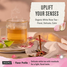 Closeup of Numi White Rose tea bags showing full-leaf quality