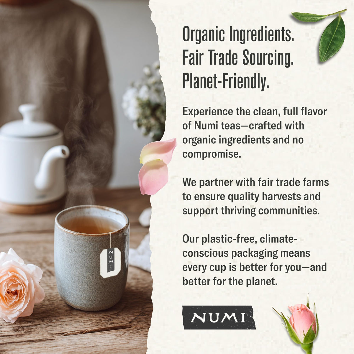 Numi White Rose tea ready to serve with lemon, hot or iced