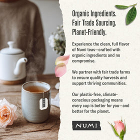 Numi White Rose tea ready to serve with lemon, hot or iced